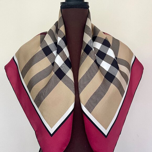 New Burberry Scarf Beige Check Burgundy Border Silk Wrap - Picture 1 of 14
